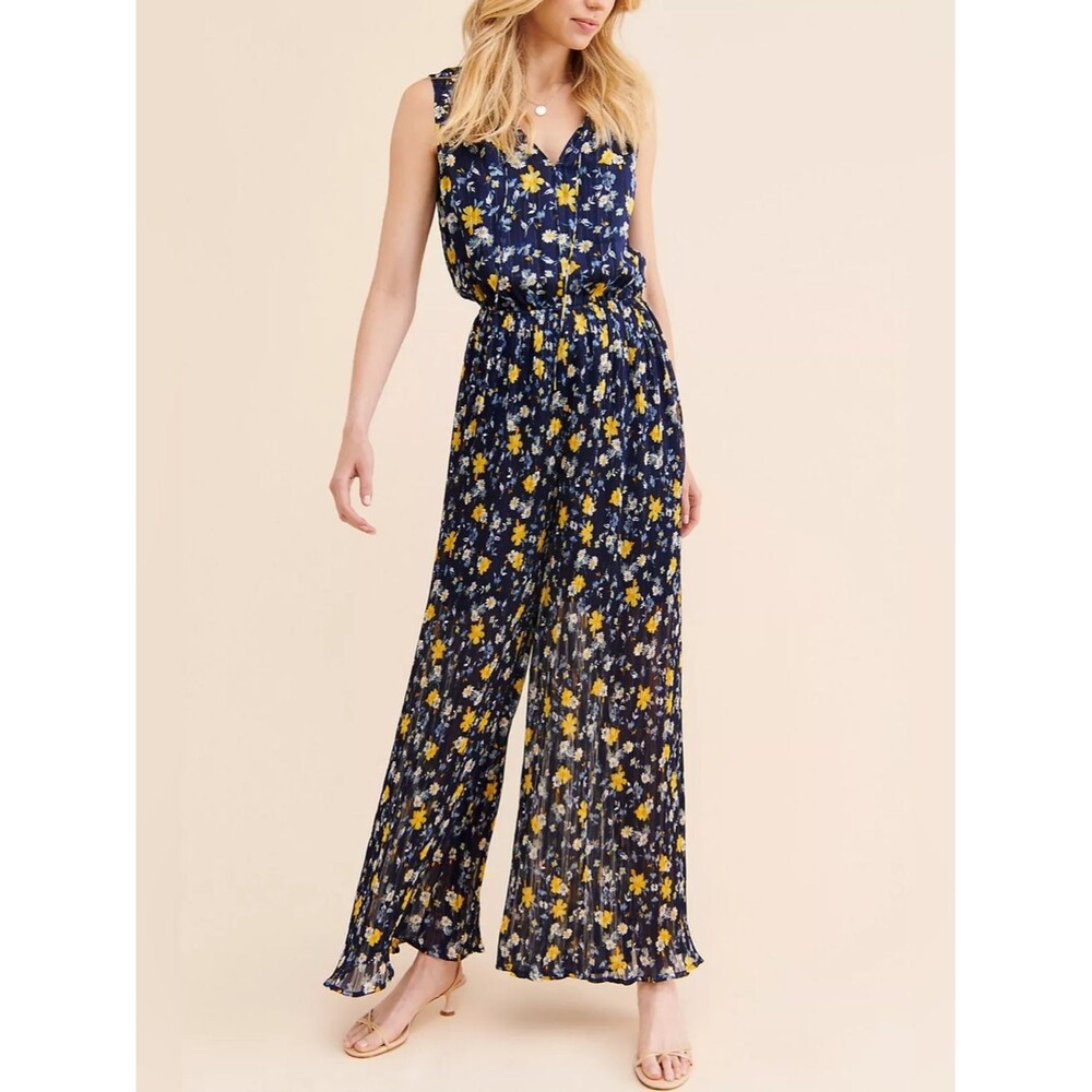 Anthropologie Current Air Blue Floral Pleated Straight Leg Jumpsuit Size Small